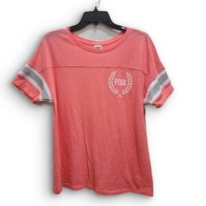PINK Victoria's Secret Coral Crewneck Tee - Silver Glitter Striped Sleeves Med